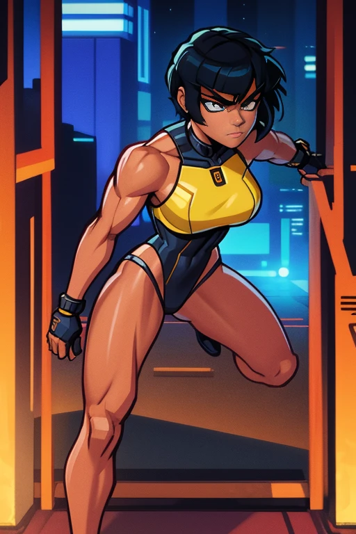 Science Fiction, Sci-Fi, Sci-Fi Movies, 23-Year-Old Filipina, tanned bronze skin, Full Body, athletic body, muscular, Adult, Amber-Colored Eyes,Black Short Hair, Serious Face, wearing cyberpunk suit, complex design tech costume, cyberpunk city, most strongest pose, female action anime girl, full body, official art, official artwork, cel shading, closeup view, badass pose, full art,