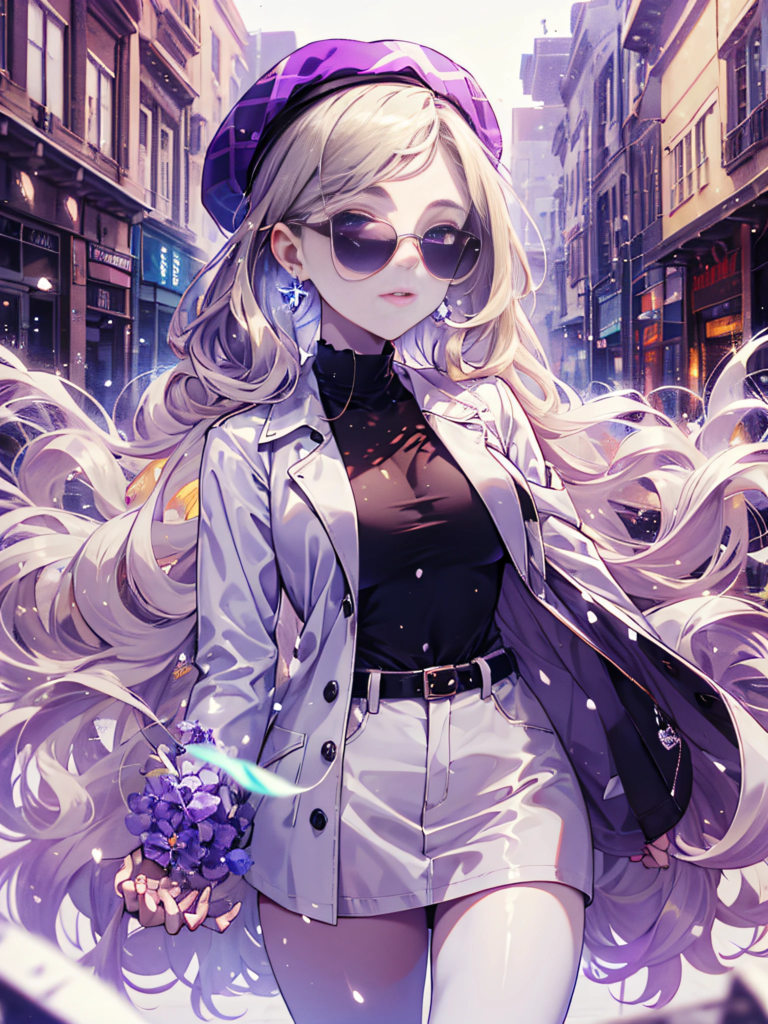 Solo ((perfect hand: 1.2)),Strong strip, Beautiful skin, White skin, medium breasts, Round sunglasses, Both eyes covered, totalitarianism, earrings, Cute lips, Beautiful, white  shirt, Black tie, Sexy, beautiful  lighting, Best Shadows, dynamic ungle, hightquality, top-quality,1 girl in, purple color  hair、Purplish pink eyes that dreamers desire, (Blonde hair) , small stature, Colossal tits, Lori, (masutepiece:1.2, Best Quality), (finely detailed beautiful eye: 1.2), (beautifull detailed face), (Best Illumination, extremely delicate and beautiful), ((Cinematic Light)), Dramatic light, (Pale white background:1.5), Short bob hair（1:3）、Ultra Contrast、Braid a little around the ears, 鎖骨,、Perfect Finger、Stylish coffee shop、only has 5 fingers、mocking look、nffsw,Arms crossed、grab the arm、Best Quality、Large breasts、high-level image quality、hightquality、8K,perfect hand、only has 5 fingers、god angle、Shopping street with falling snow、midwinter knit jumper、 top-quality、hyper HD、Arafe woman in coat and hat talking on mobile phone, Fashionable woman, elegant girl in urban outfit, posing in an urban street, beret and sunglasses, Clothes in warm colors, wearing an elegant outfit, wearing a French beret, standing in a city street, Woman in trench coat, modern fashion outfit, purple color  hair, Purple eyes, Purple Sunglasses,