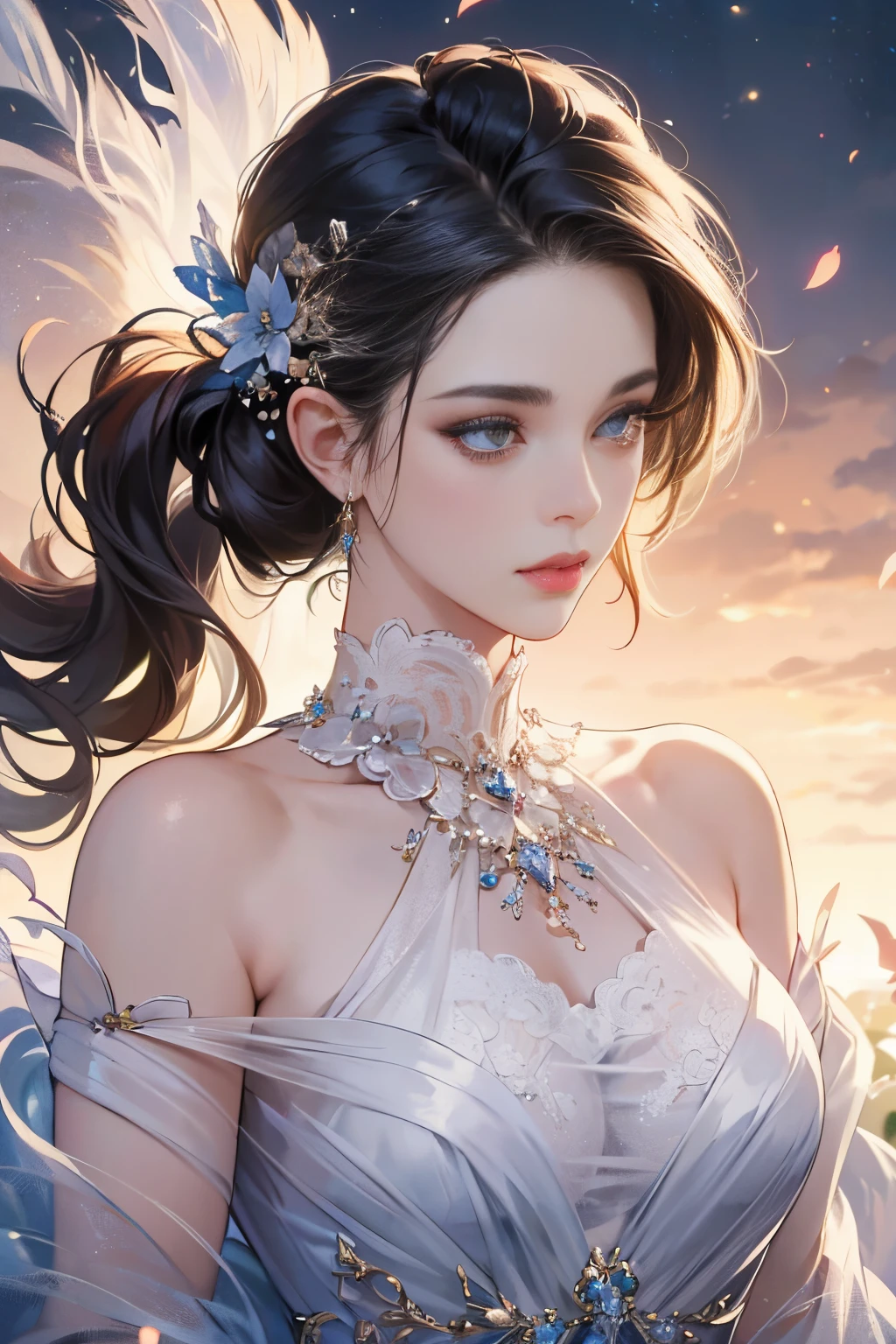 ethereal girl::3 intricate details, ornate, detailed illustration, octane render, beautiful girl, trending on artstation, expansive landscape photograph , (a view from below) ((water mark: senzey ramen)), (glowing lighting, atmospheric lighting), dreamy, magical, (solo:1.2) (((realistic))) --auto --s2