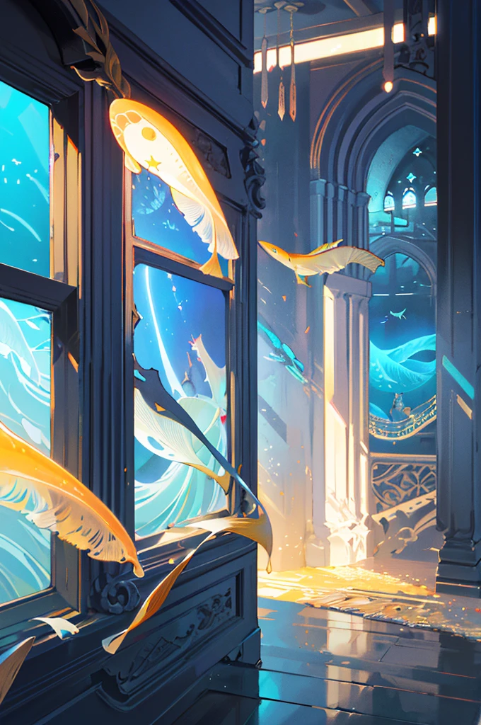 ​masterpiece, hightquality, Sea Forest, borgar市, Fantastic Fantasy, bright plants, Coral Viaduct, (A swarm of glowing jellyfish), (A school of fish with transparent wings flies in the sky), misty, Extreme details, Morning light, epic composition, (intricate detailes), (intricate designs, ultra -detail: 1.2), Art Station, (​masterpiece, best qualtiy), Ultra HD, 32K ,borgar,Relic -- Tron Flynn