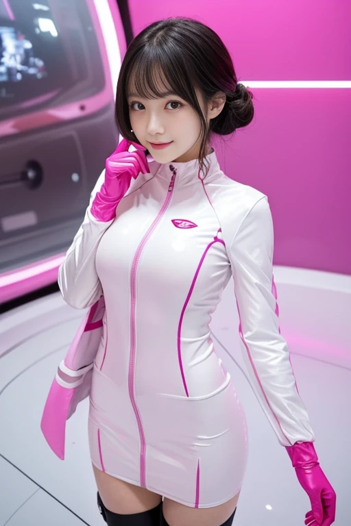 (put index finger on jaw, bend index finger, shiny rubber suit, stare at viewer, leaning forward, 1 girl, looking at viewer, from front, facing straight at viewer, pink and white clothes, white gloves, futuristic space suit, inside spaceship room),
smile, upper body, body suit, mini pencil skirt, high neck clothes, hide the neck, drooping eyes, head tilt, masterpiece, best quality, an extremely cute girl, 20 years old, black hair, pink lines on both sides of clothes