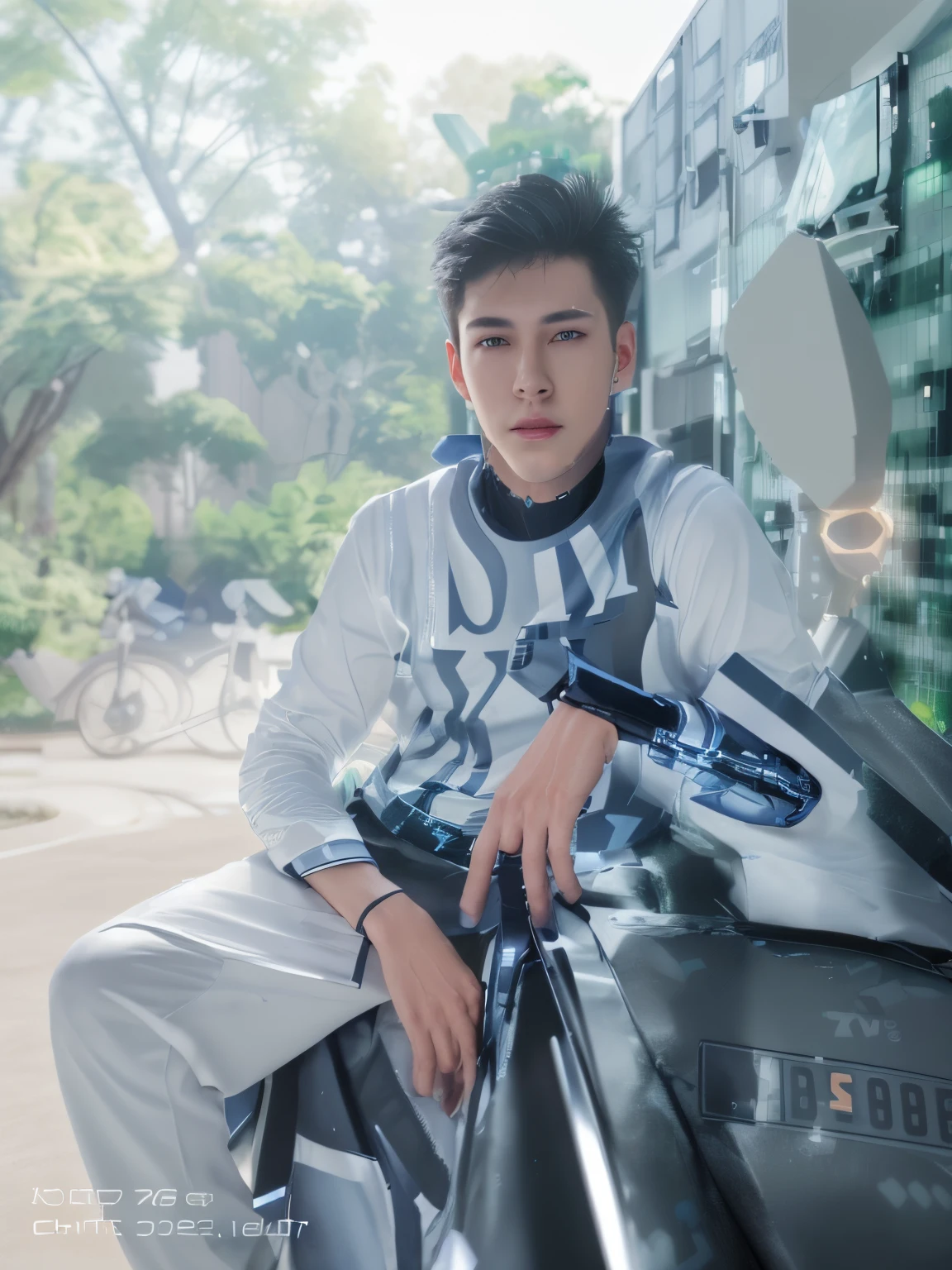 Change background cyber park handsome boy. Realistic face 8k ultra realistic.