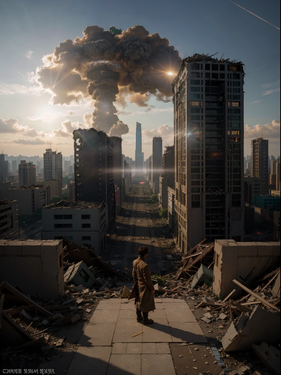 masterpiece, best quality, high quality, extremely detailed CG Unity 8k wallpaper, cinematic lighting, Seoul in ruins due to world war in 2060, (destroyed buildings: 1.3), South Korea, (in the building), (after nuclear war: 1.2), sci-fi, anamorphic lens flare, shallow depth of field