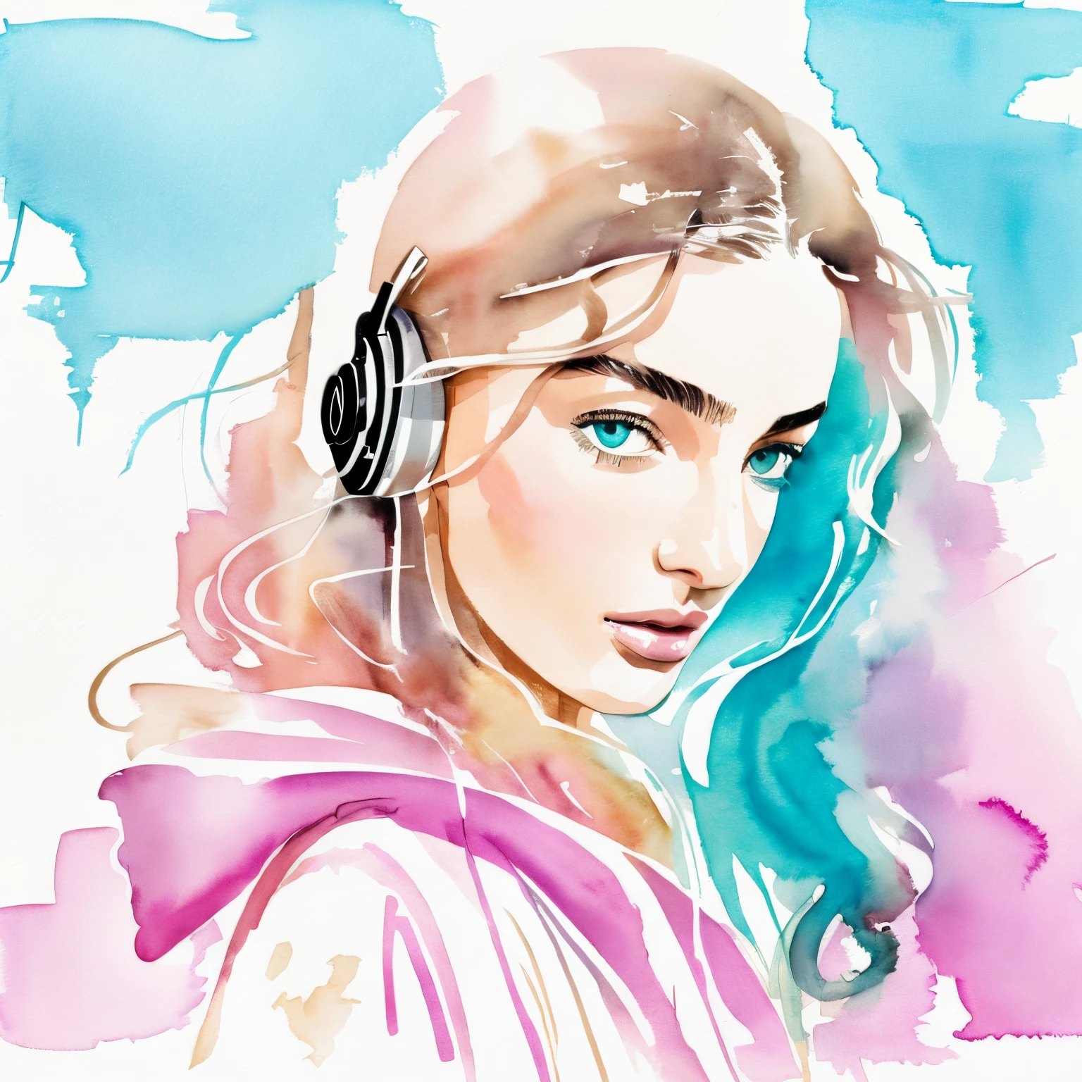 David Downton fashion illustration, gentle colors watercolor, blonde woman, thin hair, cute face, Andreea Diaconu, headphones, hoodie, drawing, luxury, calm, lilac, light blue, gentle pink