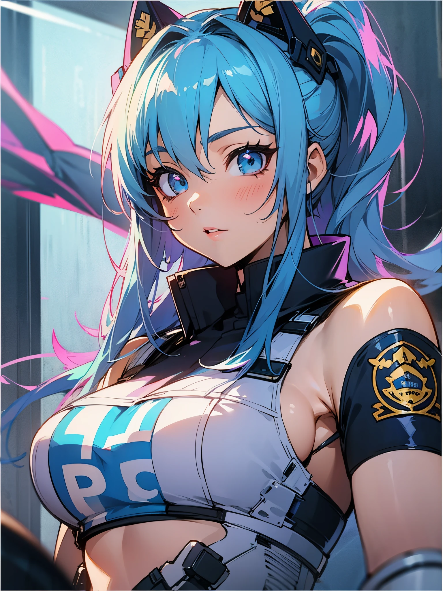 (a girl, blue hair, big breasts), illustrations, vibrant colors, detailed clothing, realistic lighting, high resolution, lively scene, confident expression, anime style, school setting, colorful background, dynamic pose, professional artwork