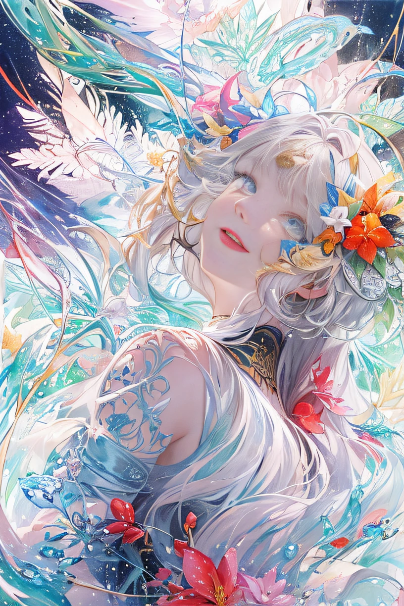(tmasterpiece、top-quality、top-quality、watercolor paiting(curly)、offcial art、aestheticly pleasing:1.2)、(1 girl in:1.3)、(s fractal art:1.3)、Upper part of the body、seen from the front、looking at viewert、Patterned、(Hair color、Half-blonde,Half of the hair is silver:1.2)、Eau、liquids、clouds、Extremely colorful、starrysky、stone monument、Smiling red lips and big eyes,white skinned,Ambilight,The contrast is very sharp,Details are perfect,