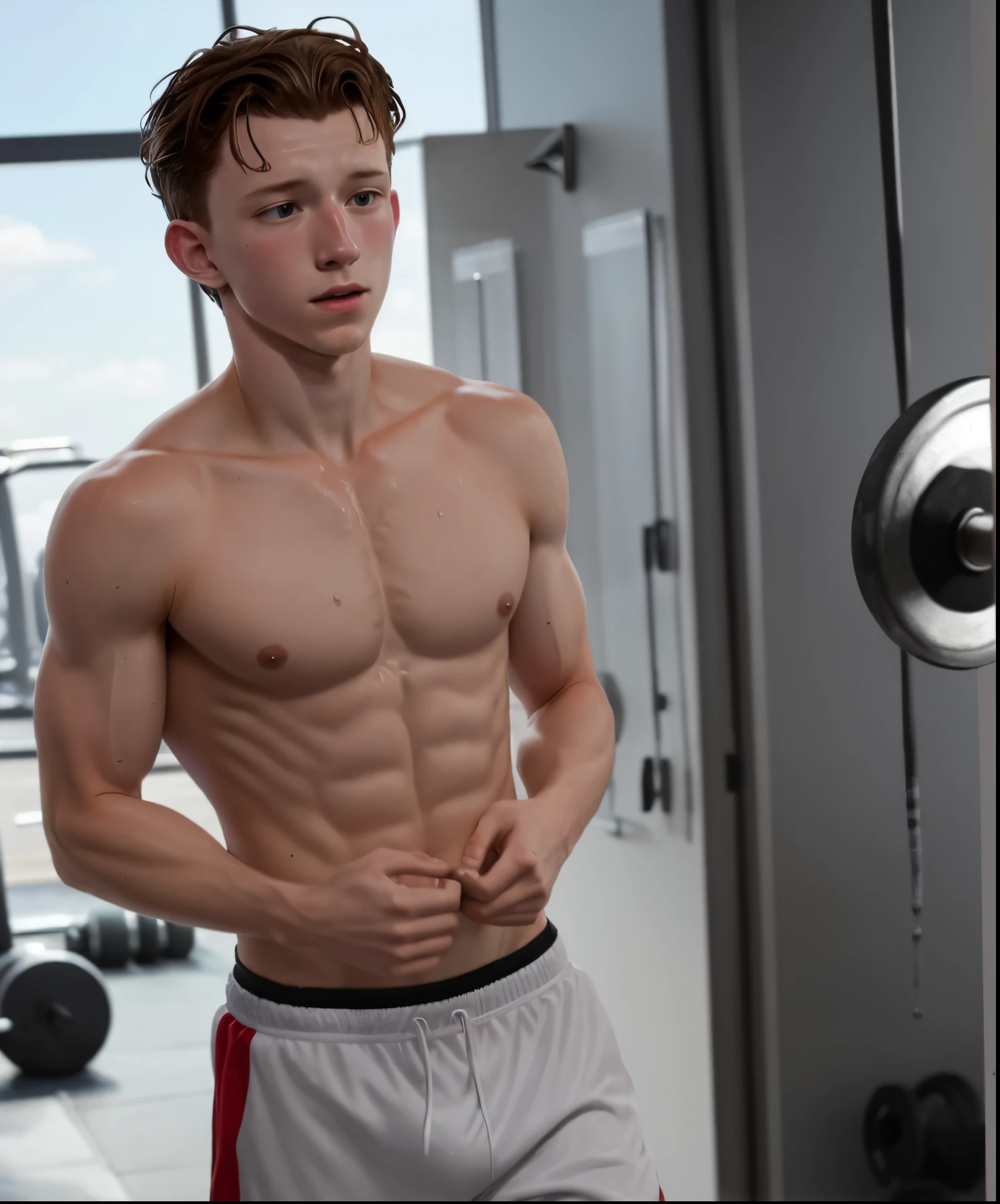 Tom Holland Sweaty after a workout,shirtless
