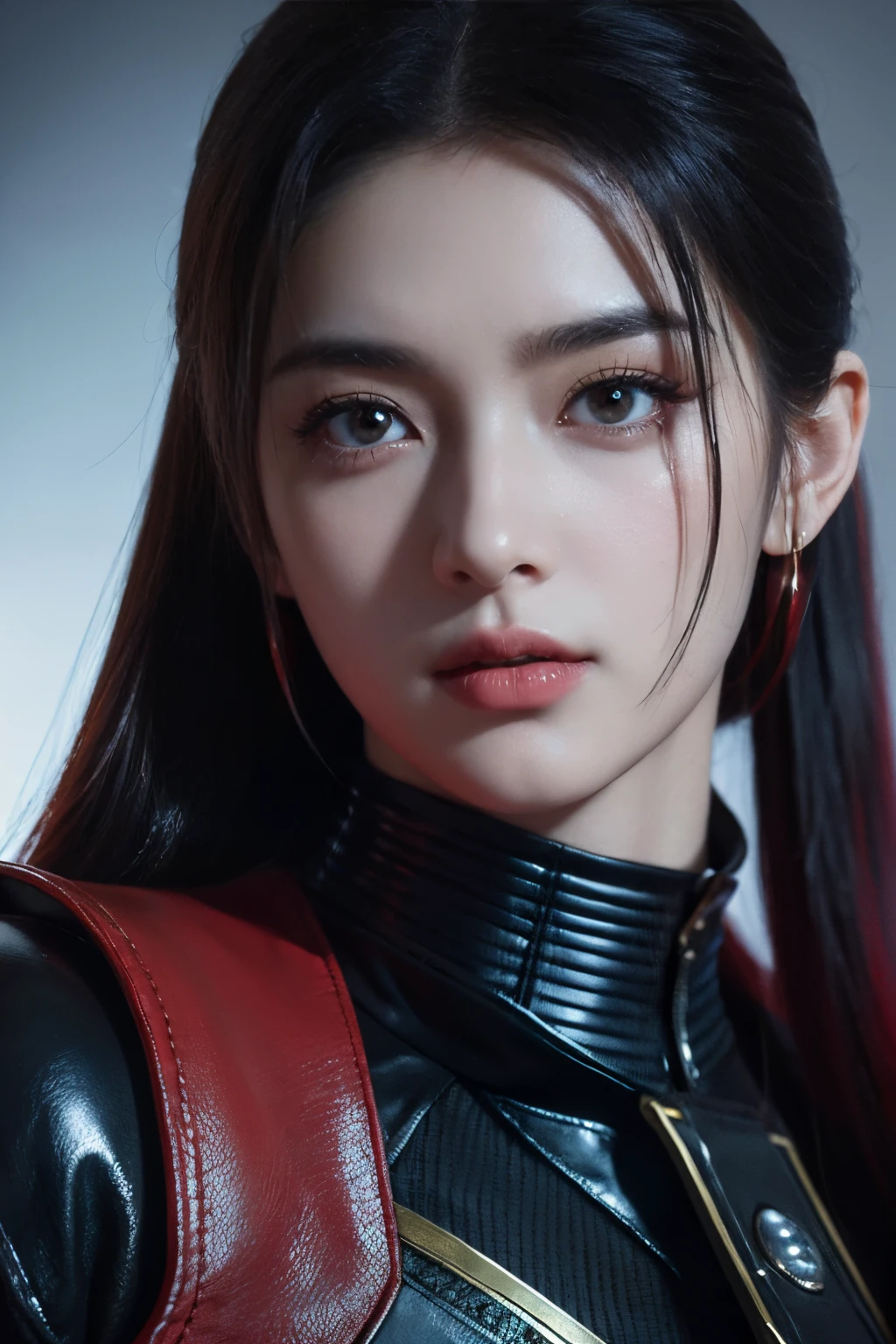 tmasterpiece,Best quality at best,A high resolution,8K,(portrait),(Close up of avatar),(RAW photogr),real photograph,digital photography,(Police officers wearing military uniforms and cyberpunk costumes),20岁女孩,Long ponytail hairstyle,with long bangs,(Black and red gradient hair),Red eyes,A plump chest,cleavage,Elegant and serious,Dressed in military uniform,metal decoration,Intricate decoration,realistic setting,police uniforms,Keep your mouth shut,Redlip,adorable captivating,warriors,Photo pose,cyber punk perssonage,scifi style,White room,oc render reflection texture