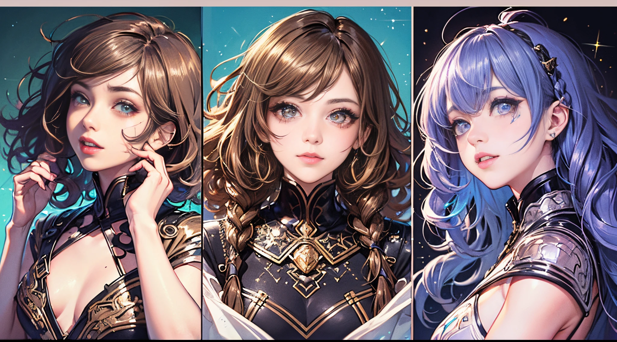 multicolored eyes, multicolored hair, glowing eyes, bright pupils, facial mark,(((masterpiece))), (((best quality))), ((ultra-detailed)), (illustration), ((concept art)), (detailed light),((an extremely delicate and beautiful)), (beautiful detailed eyes), (((1male))), (((face focus, closeup shot))), ((shinning glitters)), (((glitter for pupils))), ((looking to the side)), (excited), (((hands on face))), ((short neon braids, thick curly hair)), ((enamored)), ((in delusion)), blur blue background, scenery, Dark Fantasy,((detailed hairs)),