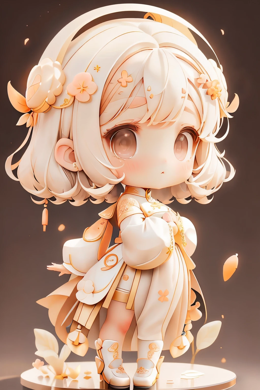 girl with, Chibi、amber, , medium pastel beige white, luxury fabrics, dithering, Far-reaching,viewer lucky brown,To the ao dai dress、、There are no protrusions on the head、There are no protrusions on the head