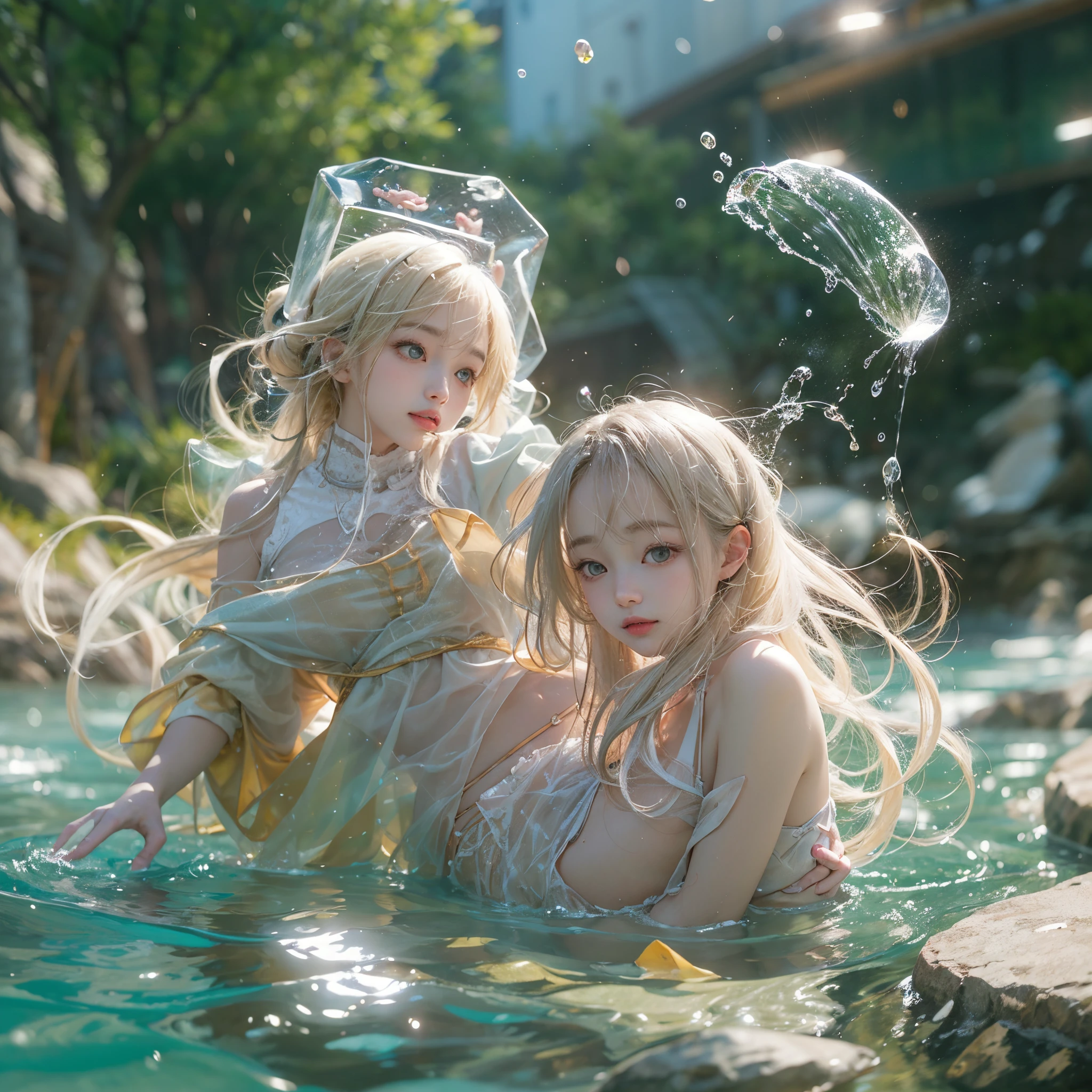 (8K, Original photography, Top image quality, masterpiece: 1.4), hyper HD, (Realistic, 真实感: 1.48), realisticlying, A high resolution, softlighting. Tiny Girls, girl jumping into the water、Falling、splash water、shout、Luminous water surface、White and Vivid colors, back lighting, glistening ivory skin, sparkling highlights, Detailed KAWAII face with cute lips, long eyelashes, Delicate clothes, Detailed open crotch, Whole Body proportions and all limbs are anatomically accurate .