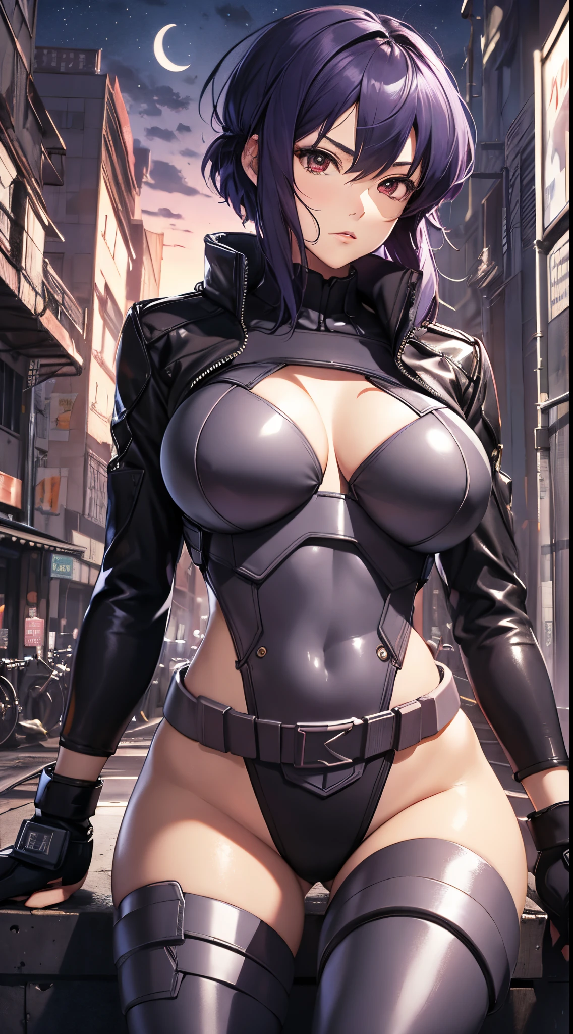 kusanagi motoko,  anime style beautiful woman, Elongated, Skinny, mediuml breasts, a slender waist, (tmasterpiece, Best quality at best:1.2), cow boy shot, Alone, 1个Giant Breast Girl, face expressionless, Keep your mouth shut, looking at viewert, arms folded, jaket, tightsuit, Raise your legs, mitts, Chopping, the night, themoon, goggles, Best quality at best, A high resolution.