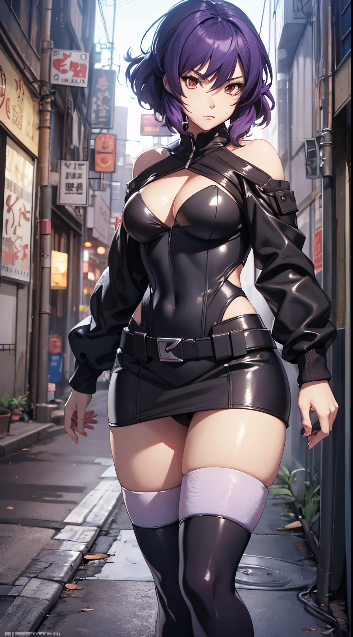 kusanagi motoko, Purple colored hair, red eyes,Anime style woman wearing black tights， anime《Fantasma na Concha》Curly, kusanagi, Misato Katsuragi, Inspired by Morikage Hisumi, anime, Fantasma na Concha, Ghost in the Shell style,seductive anime girls, Anime cute art style, smooth anime cg art, thicc, Anime girl wearing black dress, photorealistic anime girl rendering, ECCHI anime style, realistic anime 3D style, attractive anime girls, [ 4K digital art ]!!