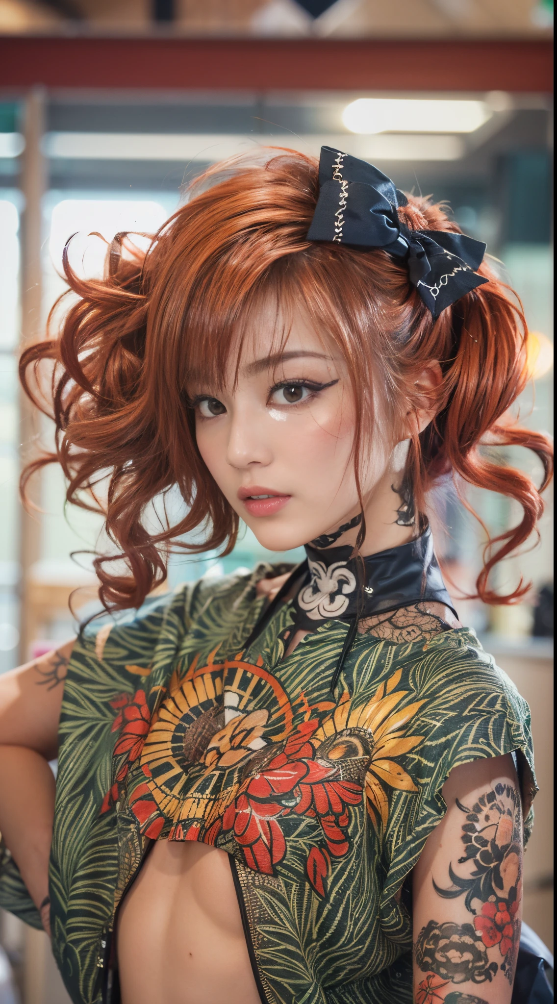 nsfw, A young, muscular female hairdresser with numerous tattoos and tanned skin, in various hairstyles and hair colors, showcasing a gyaru fashion style, in a realistic salon. In one image, she has vibrant red hair in a trendy updo style. In another, she sports deep blue hair in a sleek, straight style. Her sun-kissed, bronzed complexion remains consistent, as does her strong, tattooed physique. The salon is detailed, with stylish chairs and hair styling tools, reflecting her dynamic and fashionable personality in each different hairstyle and color.