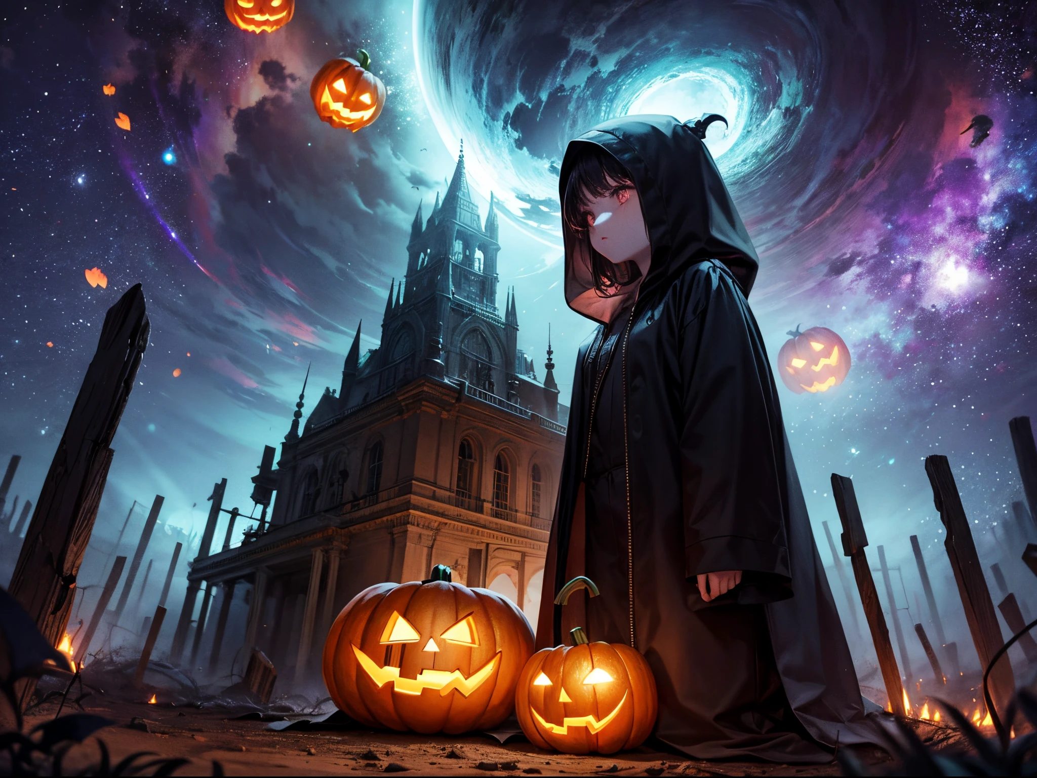 Spooky and mysterious scenes featuring otherworldly dimensions and wormholes. Infuse a Halloween atmosphere into the cosmic exploration.