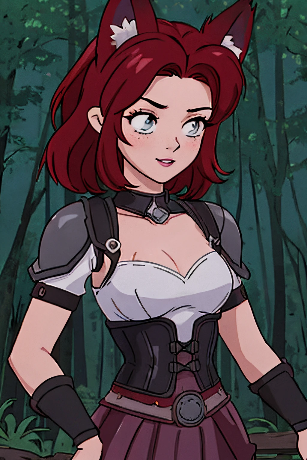 close up 1girl in, ager, Solo, (undercut red hair: 1.28), ((light gray eyes)), some small freckles, (dark fox ears:1.35), pale skin, medium breasts, cleavage, (thin hips, thin waist: 1.25), (arched back:1.12), detailed skin, mischievous face, revealing clothes, (wearing Xena roman armor, leather skirt, corset armored: 1.1), looking at viewer, (groping chest: 1.34), (sexy pose: 1.22), (detailed magical forest background:1.1), creek, overlooking opening in forest, relaxing, 4k textures, soft light, elegant, highly detailed, sharp focus, soothing tones, insane details, intricate details, hyperdetailed, low contrast, exposure blend, hdr, faded