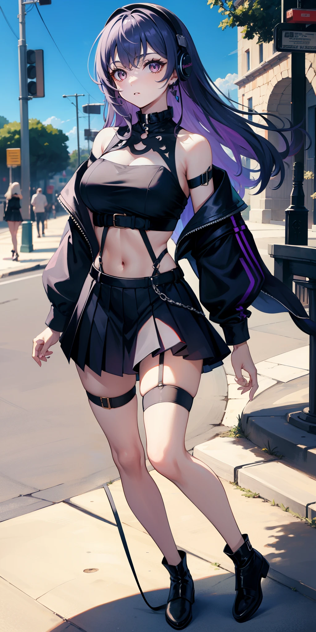 masterpiece, best quality, tall, clearire2, 1girl, Sister Cleaire, Only, long hair, open sexy clothes, black skirt, Black stockings, long sleeves, chest harness, black shirt, two sides up, bangs, crop top, miniskirt, Shoes, futuristic headphone, O-Ring, midriff, black and purple hair, different color eyes, off shoulder, big breasts, thigh strap, pleated skirt, eye braces, perfect eyes, cropped shirt, street, mask, standing