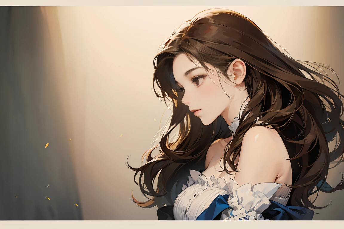 line drawn, monotone, Side view of a woman with long brown hair, from shoulders up, Sweet, Leaning to the right