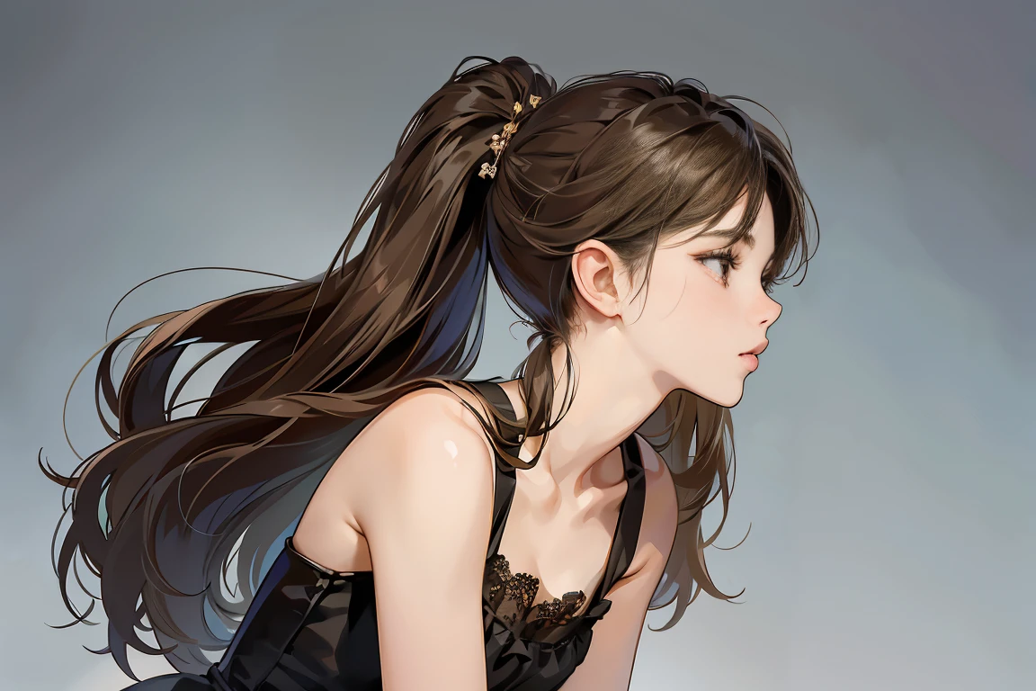 line drawn, monotone, Side view of a woman with long brown hair, from shoulders up, Sweet, Leaning to the right