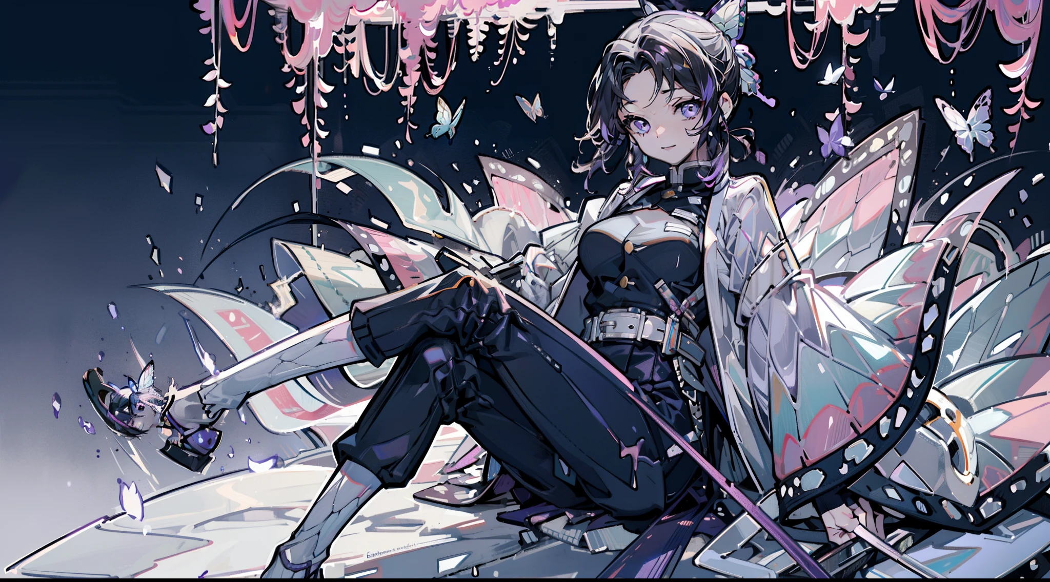 1female，15yo，Slim，熟妇，medium cleavage breasts Thin waist，slenderlegs，Pornographic exposure， 独奏，kochou shinobu,multicolored hair,no bangs,hair intakes,purple eyes,forehead,black shirt,black pants,haori,butterfly,buttons,belt,(Garden:1.2),purple flower, looking at viewer,（Background with：ln the forest，the rainforest，in summer，sitting on the ground，Sweat profusely，drenched all over the body，seen from the front， hair straight， mostly cloudy sky，（（（tmasterpiece），（Very detailed CG unity 8K wallpaper），best qualtiy，cinmatic lighting，detailed back ground，beatiful detailed eyes，Bright pupils，（Very fine and beautiful），（Beautiful and detailed eye description），ultra - detailed，tmasterpiece，）），facing at camera，（Full body photo），Show shoes，A high resolution，ultra - detailed），revealing breasts， Bulge，legs are open，Raised sexy，Flushed complexion，Open legs，frontage，full body, sexy pose
