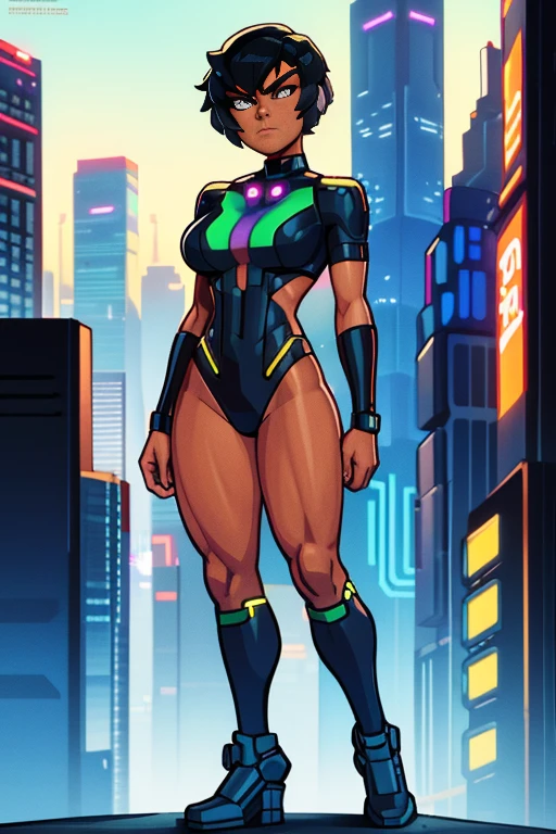 Science Fiction, Sci-Fi, Sci-Fi Movies, 23-Year-Old Filipina, tanned bronze skin, Full Body, Adult, Amber-Colored Eyes,Black Short Hair, Serious Face, wearing cyberpunk suit, complex design tech costume, cyberpunk city, most strongest pose, female action anime girl, full body, official art, official artwork, cel shading, closeup view, badass pose, full art,
