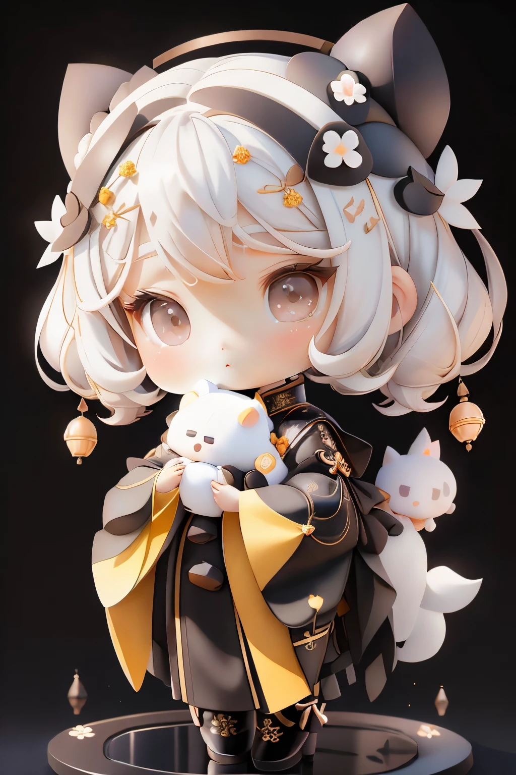 girl with, Chibi、amber, , medium pastel black white, luxury fabrics, dithering, Far-reaching,viewer lucky brown,To the ao dai dress、、There are no protrusions on the head、There are no protrusions on the head