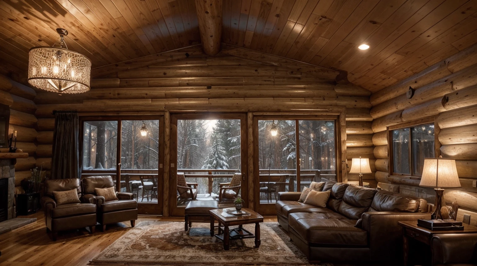 A double-height ceiling living room with a large, floor-to-ceiling window on one side log cabin. Outside is a dark snow-covered landscape. The living area is furnished with plush, contemporary sofas and chairs in neutral tones, grouped around a low, central coffee table. The room's color palette is composed of dark brown and warm tones, with the soft lighting from various lamps adding a cozy ambiance.