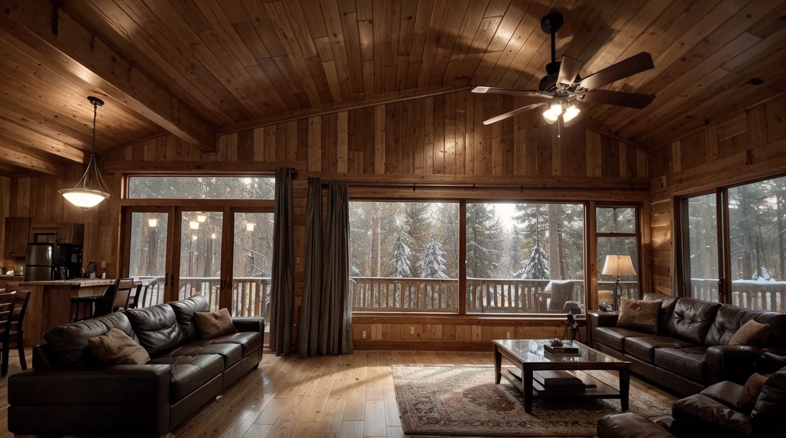 A double-height ceiling living room with a large, floor-to-ceiling window on one side log cabin. Outside is a dark snow-covered landscape. The living area is furnished with plush, contemporary sofas and chairs in neutral tones, grouped around a low, central coffee table. The room's color palette is composed of dark brown and warm tones, with the soft lighting from various lamps adding a cozy ambiance.