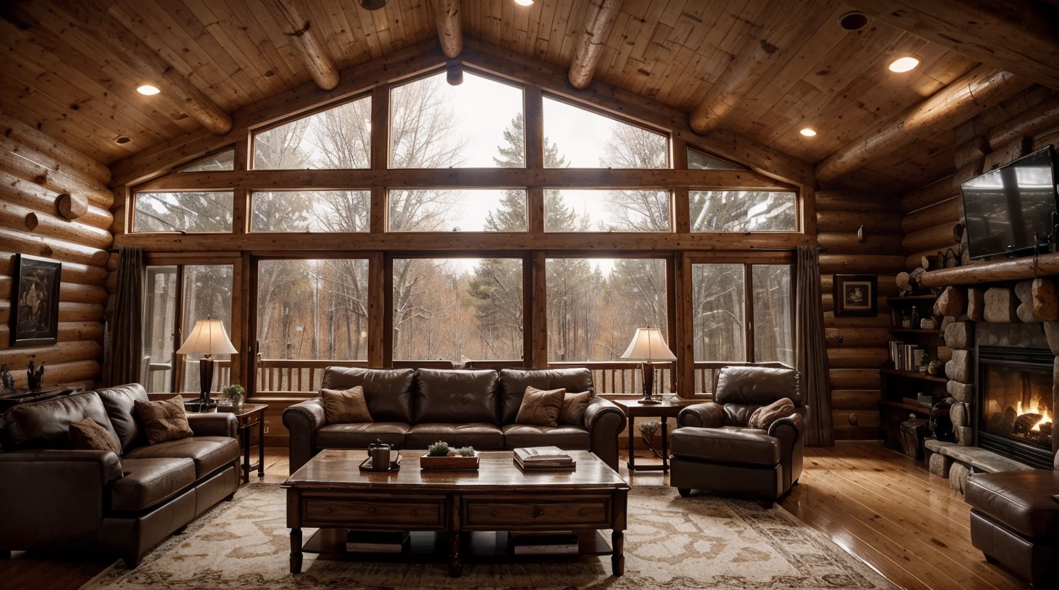 A double-height ceiling living room with a large, floor-to-ceiling window on one side log cabin. Outside is a dark snow-covered landscape. The living area is furnished with plush, contemporary sofas and chairs in neutral tones, grouped around a low, central coffee table. The room's color palette is composed of dark brown and warm tones, with the soft lighting from various lamps adding a cozy ambiance.