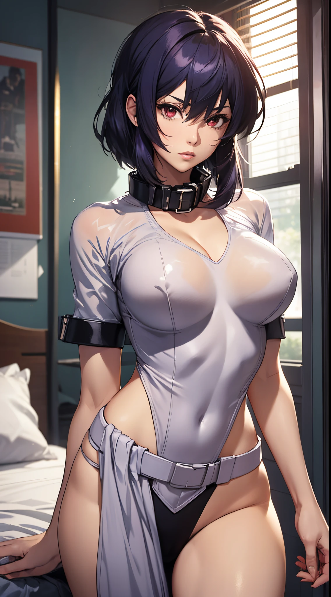 kusanagi motoko, anime style beautiful woman, Elongated, Skinny, mediuml ???????, a slender waist, (tmasterpiece, Best quality at best:1.2), cow boy shot, Alone, 1个Giant ?????? Girl, Highest high resolution，distinct_image）Best quality at best， woman， tmasterpiece， highly  detailed， Half realistic， Transparent  Oversized T-Shirt，exposing her ?????， shirt pulling， The collar is around the neck， inside in room， Modern bedroom， janelas， waking up， morning， Be red in the face