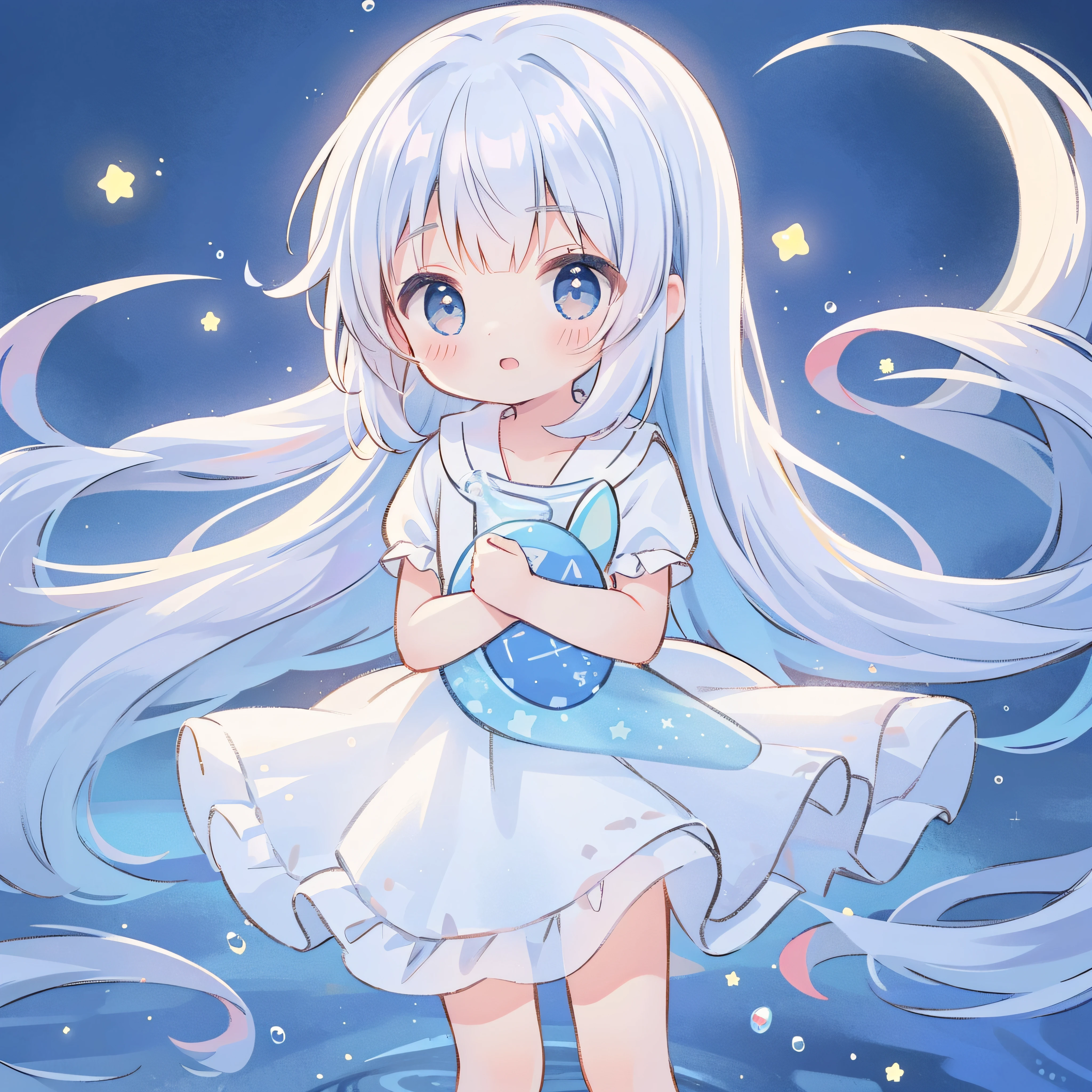 Top Quality, Masterpiece, Ultra High Resolution, Pretty Facial Features, Flat Design, Shoshi no Ko, Hoshino Ai, simple background, giant glowing cute stars, ziyu, colorful, cute girl standing in water, starry sky in background, huge full moon, water ripples, beautiful simple flowing white dress