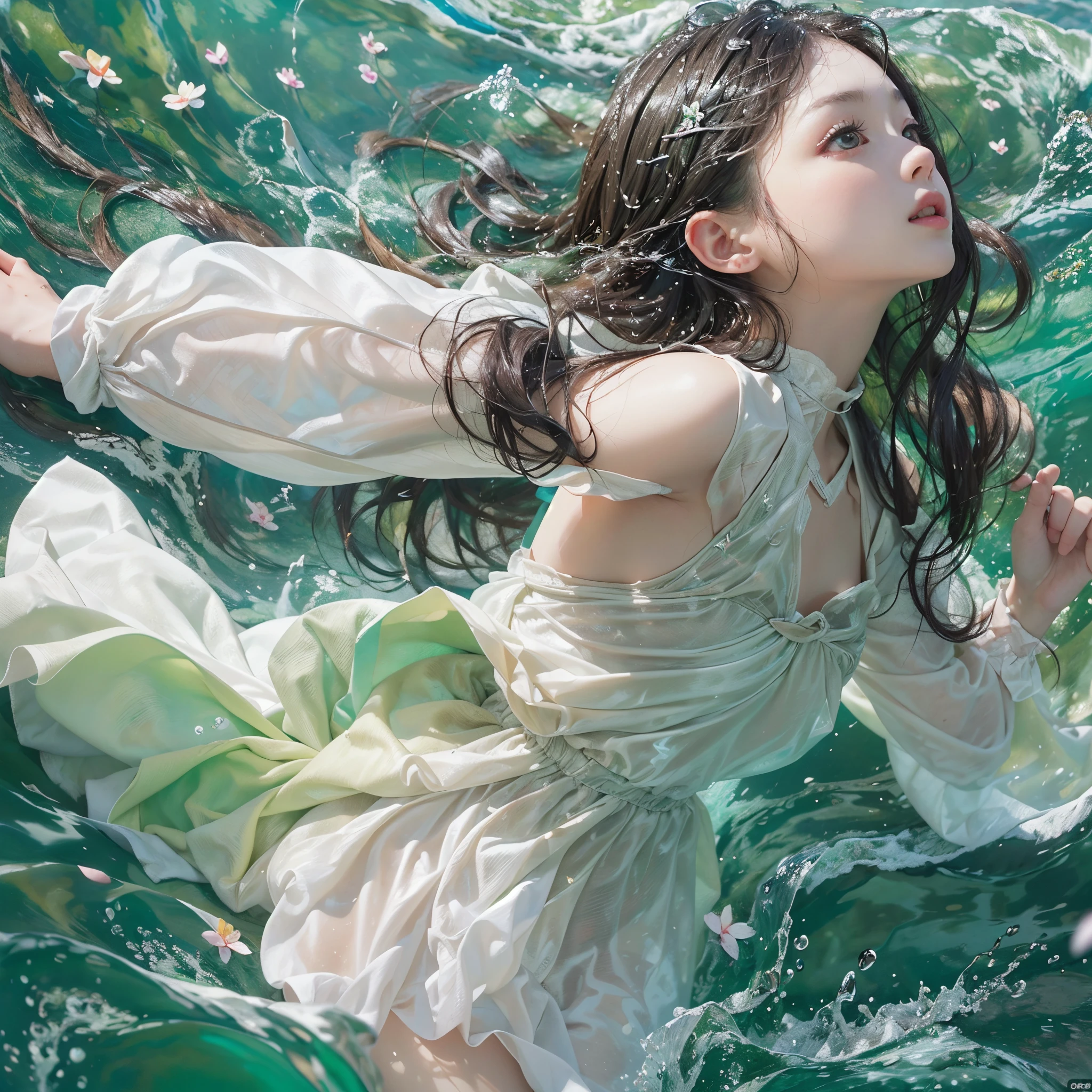 ((top quality, 8k, masterpiece: 1.3)), women (full body portrait, ruffled dress, part of the body is in the sea), outdoor, background is blue sea, overhead camera, sharp focus: 1.2, cute woman: 1.4, ((long hair, floating hair)), very detailed face and skin and hair texture, wet texture hair, wet body, detailed eyes, double eyelids, white skin, Beautiful legs, beautiful delicate nose, cute young Japan woman, 28 years old, with dynamic angles, creating melancholy emotions characterized by calm tones and contrasting mixes of light and shadow, while emphasizing the subject's hair, eyes, mouth and action, it is a composition pleasing to the eye and suggestive.
