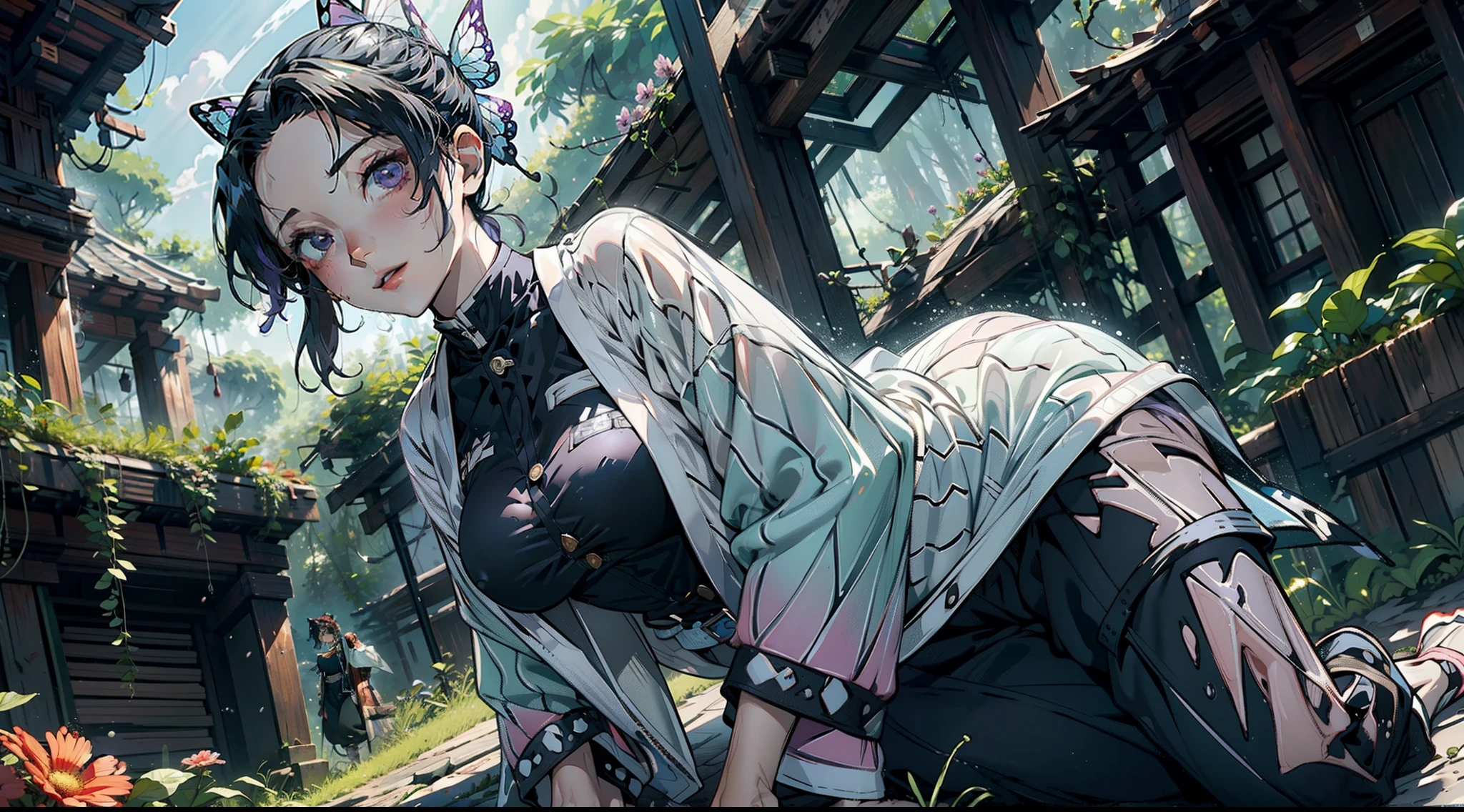 1female,,Slim,熟妇,medium cleavage breasts Thin waist,slenderlegs,Pornographic exposure, 独奏,kochou shinobu,multicolored hair,no bangs,hair intakes,purple eyes,forehead,black shirt,black pants,haori,butterfly,buttons,belt,(Garden:1.2),purple flower, looking at viewer,(Background with:ln the forest,the rainforest,in summer,sitting on the ground,Sweat profusely,drenched all over the body,seen from the front, hair straight, mostly cloudy sky,(((tmasterpiece),(Very detailed CG unity 8K wallpaper),best qualtiy,cinmatic lighting,detailed back ground,beatiful detailed eyes,Bright pupils,(Very fine and beautiful),(Beautiful and detailed eye description),ultra - detailed,tmasterpiece,)),facing at camera,(Full body photo),Show shoes,A high resolution,ultra - detailed),revealing breasts, Bulge,legs are open,Raised sexy,Flushed complexion,Open legs,frontage,full body, sexy pose