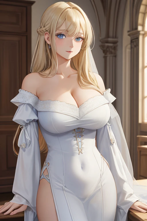 beautiful portrait, highres, 1girl, elegant medieval wife, long hair, swept bangs, light blonde hair, light blue eyes, detailed eyes, loose white dress, wide shoulder, thick body, inside castle, big breast, cleavage, a wife, elegant posture, elegant face