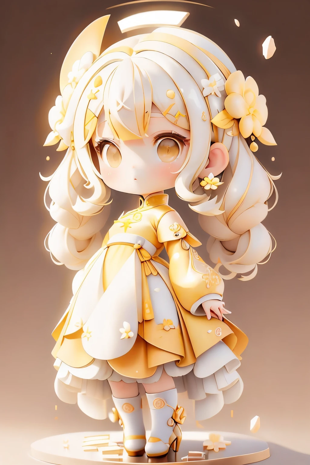 girl with, Chibi、amber, , medium pastel yellow white, luxury fabrics, dithering, Far-reaching,viewer lucky brown,To the ao dai dress、、There are no protrusions on the head、There are no protrusions on the head