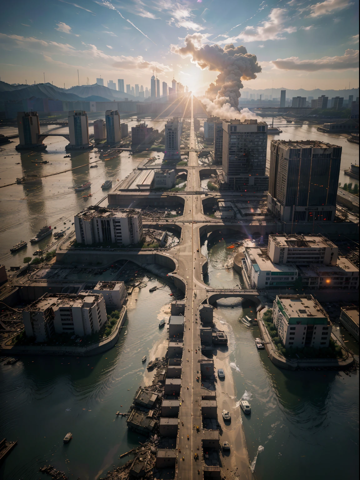 masterpiece, best quality, high quality, extremely detailed CG Unity 8k wallpaper, cinematic lighting, Seoul in ruins due to world war in 2060, (destroyed buildings: 1.3), South Korea, ((Han river: 1.3)), (after nuclear war: 1.2), sci-fi, anamorphic lens flare, shallow depth of field