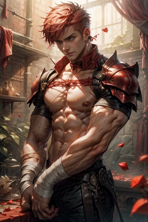 1male,muscular,((lily)),(vine),cage,bandage,red rope,(detail light),falling rose petals, science fiction shoulder armour