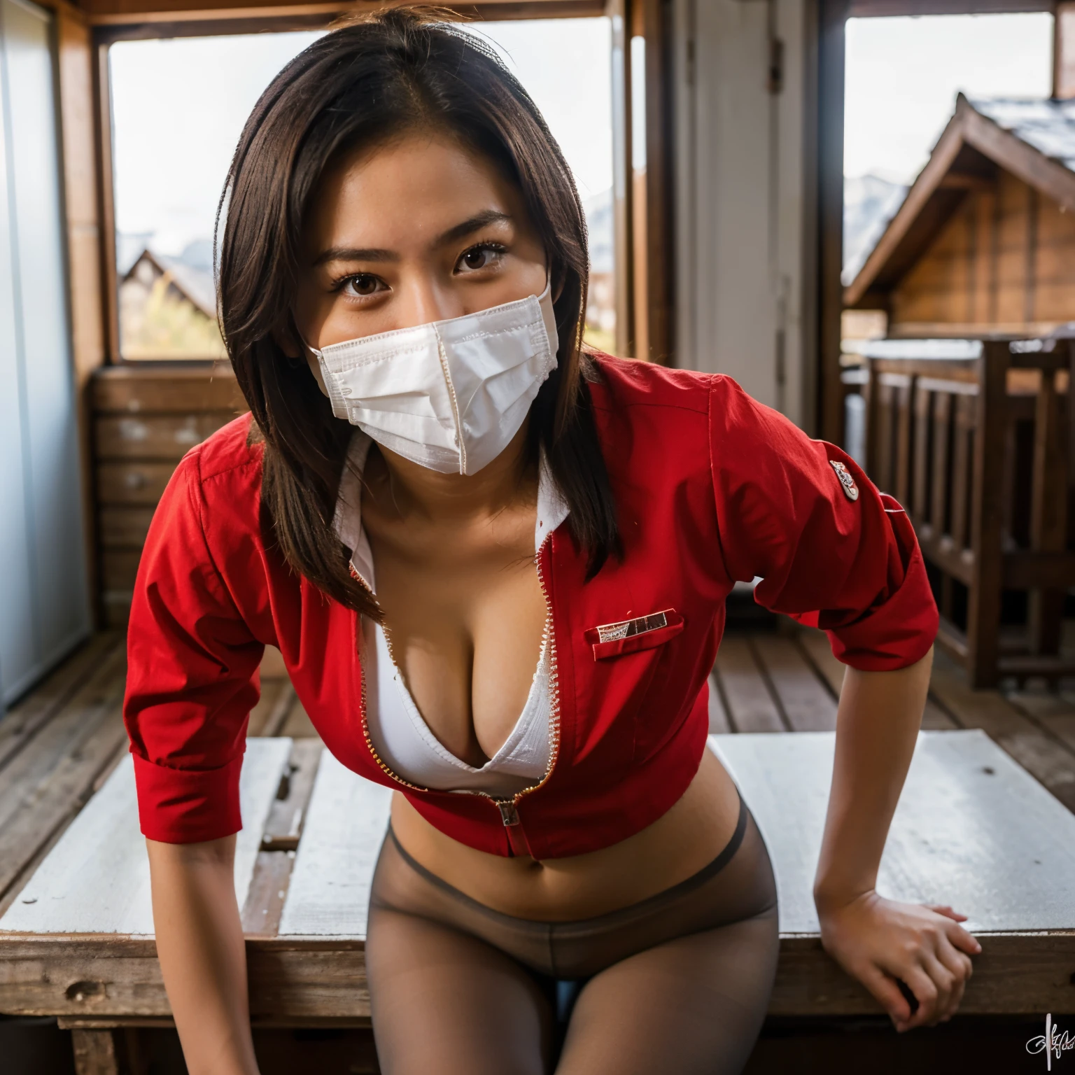 (masterpiece:1.2, Best Quality:1.2), 32K HDR, High resolution, Solo, 1girl in, Ultra-realistic portrait of Air Asia stewardess uniform, sexy Japanese girl, Super beautiful Japanese face, Brown hair, bob short hair, (Red jacket:1.1, Unzipped jacket, Unbuttoned white shirt, Red Mini skirt:1.1, pantyhose, mask), Perfect slim body:1.1, gigantic cleavage, Detailed skin texture, Detailed face, Detailed eyes, (Leaning forward posture:1.5, in abandoned cabin, mountain),