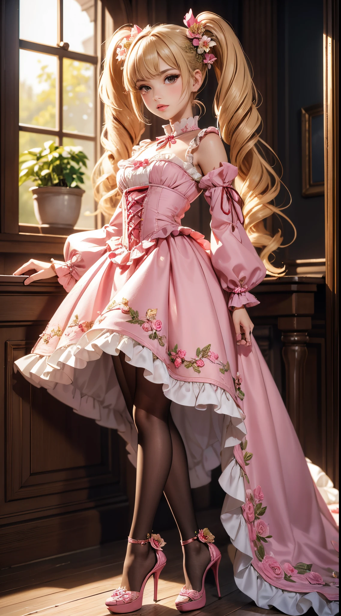 ultra detailed, sharp focus, best quality, masterpiece, colorful, wrenchlogown, 1 gir, beautiful face, olive skin, pantyhose, high heels, frills, flower, pink dress, embroidery, dirty blond hair, puffy full lips, very long twintails, best quality, masterpiece, intricate details