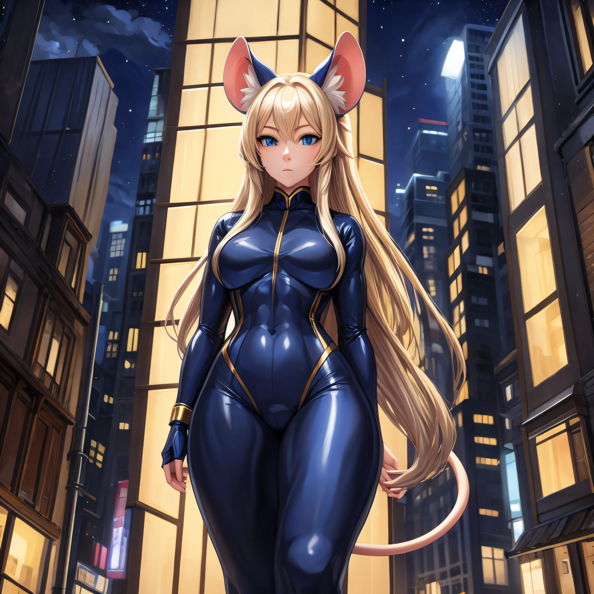 (Masterpiece) (High Detail) (High Res) A humanoid girl giantess with pale skin and long blonde hair and blue eyes and fluffy mouse ears and a thin mouse tail is walking down a city street at night and is taller than the buildings. She is leaning against the roof of a house. She is wearing a navy blue spandex body suit with gold trim and is looming over the viewer. Night time.