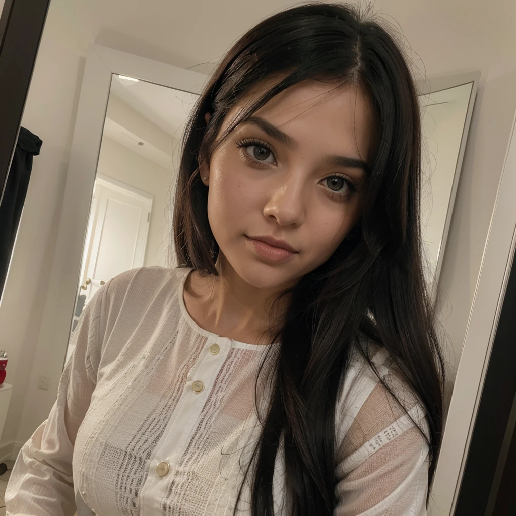 IA de una chica con las siguientes caracteristicas : chica de 1.65 cm de altura,cabello largo casi negro , lunar debajo del labio ,ojos verdes de piel blanca, vestida con un top rosado manga larga ,una pollera negra , taking a photo in front of a large mirror, traje rojo,latex,sexy, navidad.