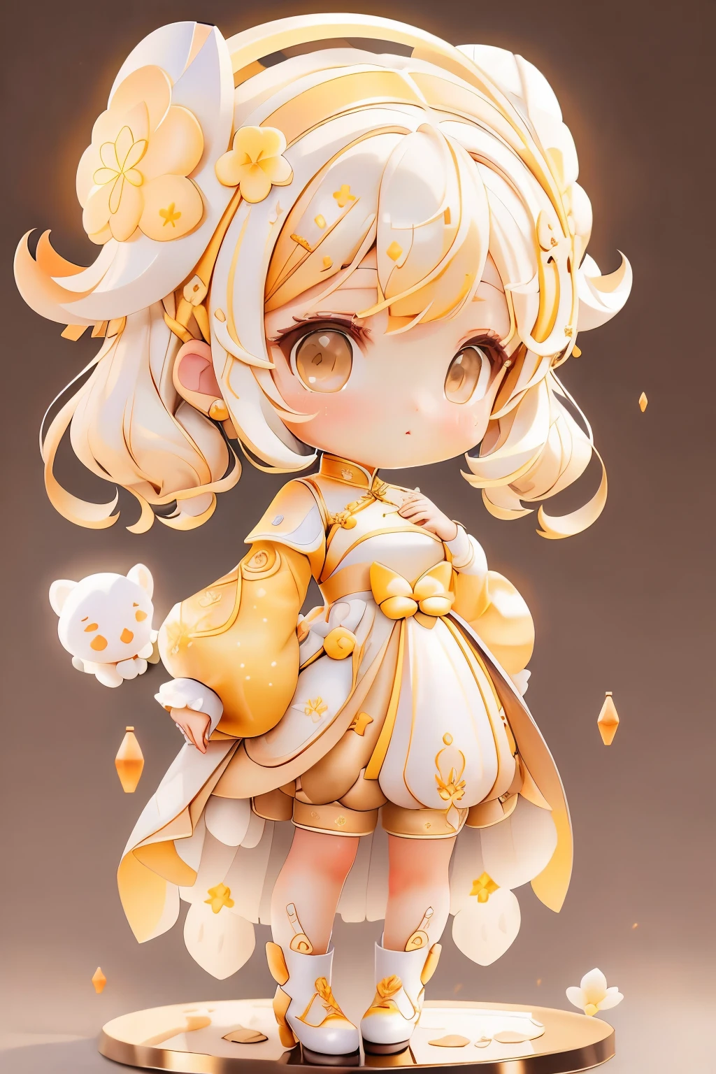 girl with, Chibi、amber, , medium pastel yellow white, luxury fabrics, dithering, Far-reaching,viewer lucky brown,To the ao dai dress、、There are no protrusions on the head、There are no protrusions on the head