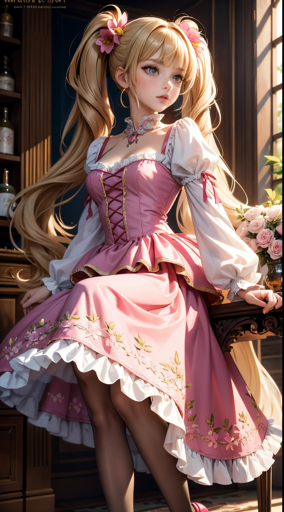 ultra detailed, sharp focus, best quality, masterpiece, colorful, wrenchlogown, 1 gir, beautiful face, olive skin, pantyhose, high heels, frills, flower, pink dress, embroidery, dirty blond hair, puffy full lips, very long twintails, best quality, masterpiece, intricate details
