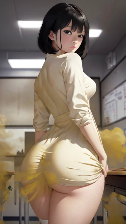 ((velocity)),Yellow smoke,Attacked by farts, (((Women farting))),(girl farting while explain to students)),frowned,velocity,(Yellow smoke is rising))(a female teacher), (wearing a white thigh-high dress),(standing facing the screen),(her butt facing screen)) (short black hair),(Asian woman),(classroom),(masterpiece:1.2、top-quality)、(the Extremely Detailed CG Unity 8K Wallpapers、ultra-detailliert、Best Shadows)、(细致背景)、(The best lighting、extremely delicate and beautiful)、depth of fields、1girl in、独奏、upward looking gaze、