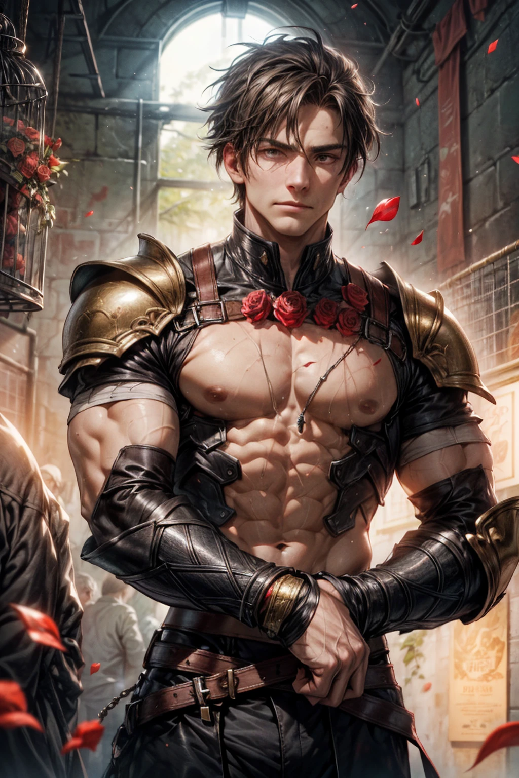 1male,muscular,((lily)),(vine),cage,bandage,red and gold,(detail light),falling rose petals, science fiction shoulder armour