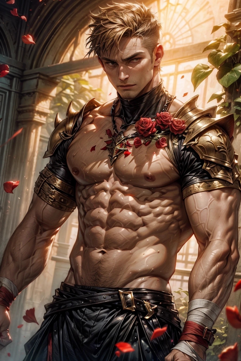 1male,muscular,((lily)),(vine),cage,bandage,red and gold,(detail light),falling rose petals, science fiction shoulder armour