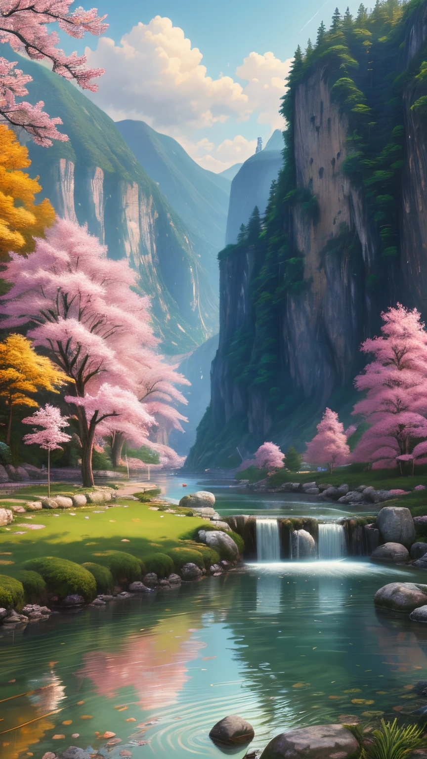 wall-paper,scenecy,Far Mountain,Eau,Traditional Gangnam,idyllic scenery,(Very detailed CG Unity 8K wallpaper),most beautiful artwork in the world,Convoluted,high detal,foco nítido,Dramatic,Realistic Painting Art