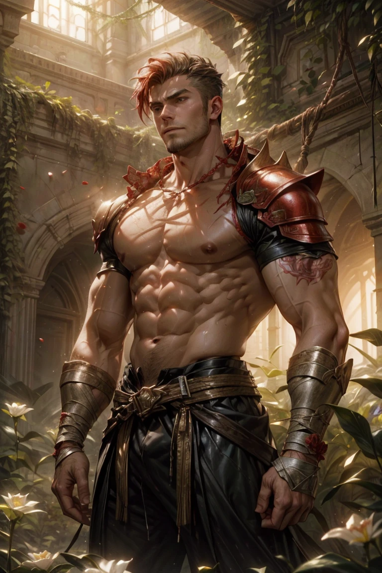 masterpiece, best quality, realistic, 18-years-old man, strong man, very short hair, dark red hair, dramatic light, 8k, determined look, portrait, extremely detailed face, Intricate details, highly detailed, Sharp focus, a digital rendering, professional, 4K, art stations, Art germ, fantasy, full body, jungle background