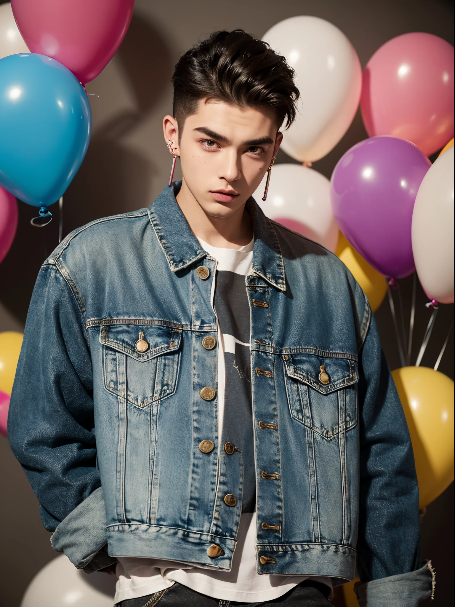 male, 20 year old boy, slick back, cut eyebrows, stud earrings, denim jacket, tatto in neck, half body photo, head facing the camera, colorful balloons in the background, street