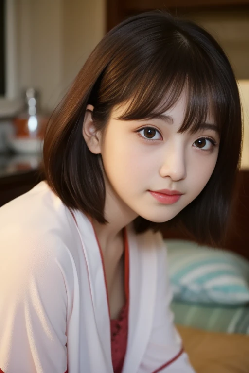 (8K、top-quality、​masterpiece:1.2)、(reallistic、Photorealsitic:1.2)Alafed Girl, chiho, iwakura lain, closeup Iwakura Lain, With short hair, Shiori Teshirogi, Kotegawa Yui, She is 25 years old, sui ishida with black hair, lain iwakura, girl cute-fine-face, Clear pubic contours,(Small breasts), hight resolution, ighly detailed, top-quality, [​masterpiece:1.6],, ighly detailed, nffsw, finely detail, top-quality, , Cinematographic lighting, 1girl in、Cute Japan Girls、perfect body type、, Cute droopy eyes、Beautiful big eyes、ultra-detailliert、hight resolution、Transcendent beauty　top-quality、​masterpiece、majicMIX Real、(Raw photography:1.2)、(Photorealsitic:1.4)、Home Kitchen　in a house　dressing gown　Pajamas T-shirt　short pants living together　Room of the Rising Sun